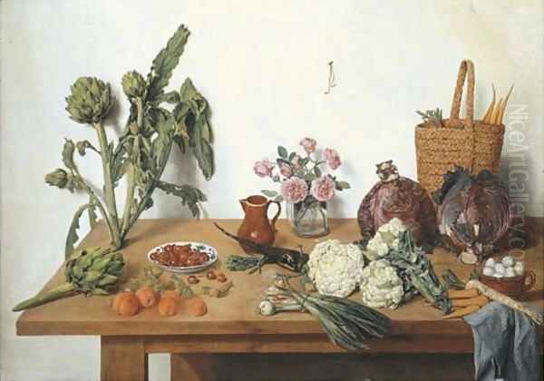 Cauliflower, onions, peaches, cherries, artichokes, roses in a glass vase, a jug, a basket with carrots, cabbages and eggs with a blue cloth Oil Painting by Jan Jozef, the Younger Horemans