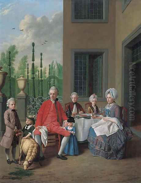 Group portrait of the van den Bosch family, dining by a house, a topiary garden beyond Oil Painting by Jan Jozef, the Younger Horemans