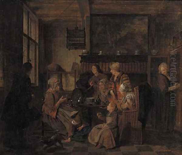 A family drinking tea at table in an interior Oil Painting by Jan Jozef, the Younger Horemans