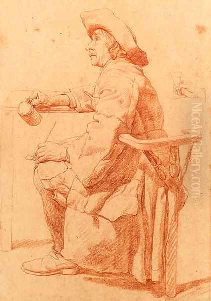 A Man seated at a Table holding a Pul and a Pipe, a subsidiary study of his hand holding a glass Oil Painting by Jan Jozef, the Younger Horemans