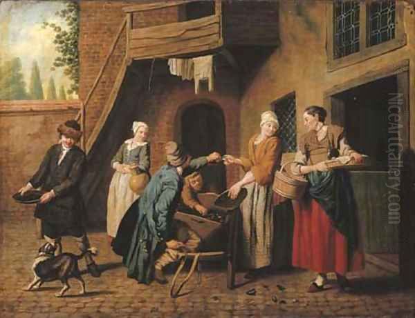 A courtyard in a town with a mussel seller and other figures Oil Painting by Jan Jozef, the Younger Horemans