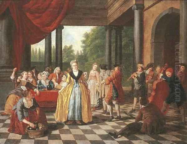 Elegant company dancing and feasting on a terrace Oil Painting by Jan Jozef, the Younger Horemans