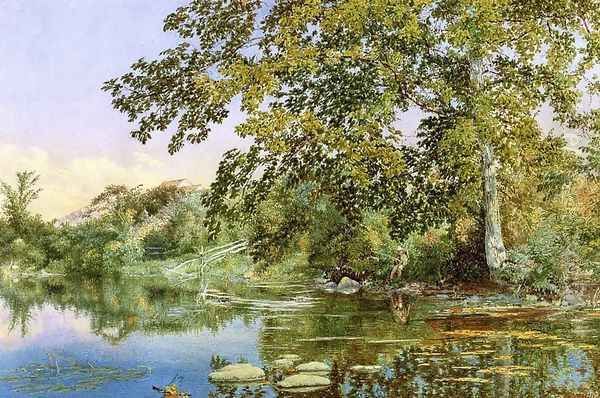 River Landscape with Boy Fishing Oil Painting by John Hill