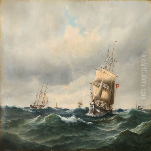 Seascape With Several Ships On Open Sea Oil Painting by Carl Ludwig Bille