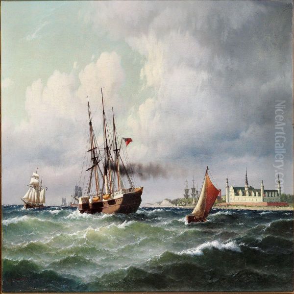 Steamboat, Pilot Boat And Sailing Ships In resund Nearkronborg Oil Painting by Carl Ludwig Bille