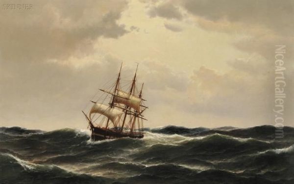 A Masted Ship In Stormy Waters Oil Painting by Carl Ludwig Bille