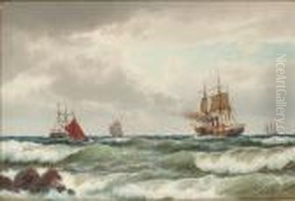 Ships By The Coast Oil Painting by Carl Ludwig Bille