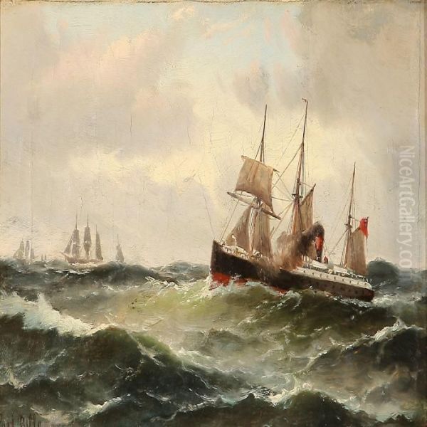 Seascape With Sailing Ships At The Sea Oil Painting by Carl Ludwig Bille