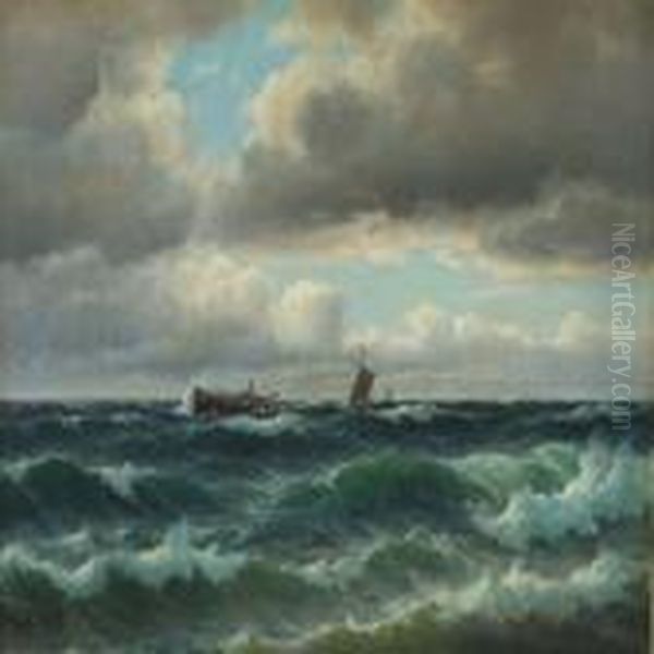 Wessels In Rough Sea Oil Painting by Carl Ludwig Bille