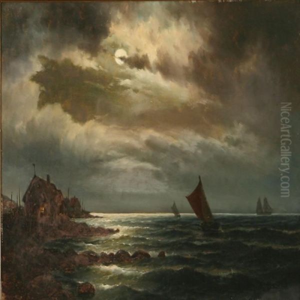 Coastal Scene At Night Oil Painting by Carl Ludwig Bille