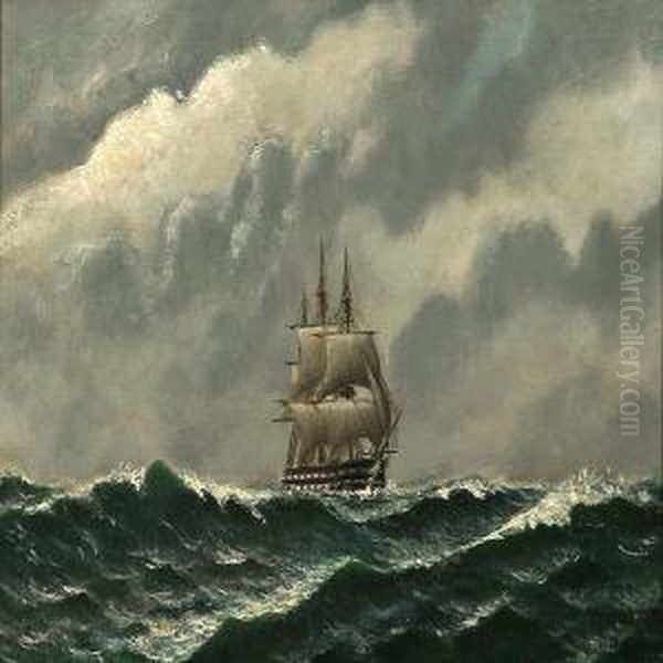 Seascape With A Ship Of The Line Oil Painting by Carl Ludwig Bille