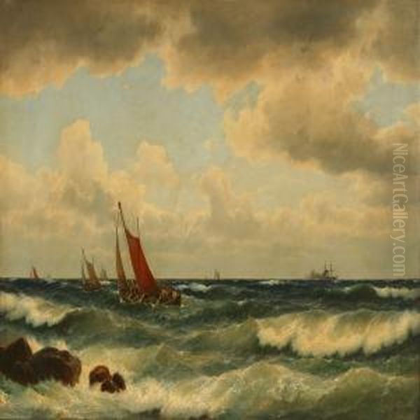 Fishing Boats In Roughbreakers Oil Painting by Carl Ludwig Bille