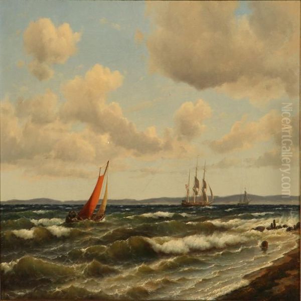 Coastal Scene With A Three-masted Schooner And Other Sailing Ships Oil Painting by Carl Ludwig Bille