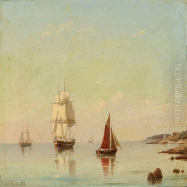 Ships Off The Coast Ofnorth Sealand Oil Painting by Carl Ludwig Bille