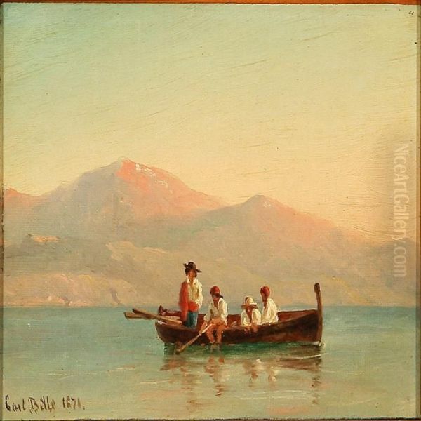 Quiet Afternoon Withfishermen On The Bay Of Naples, In The Background Vesuvius Oil Painting by Carl Ludwig Bille