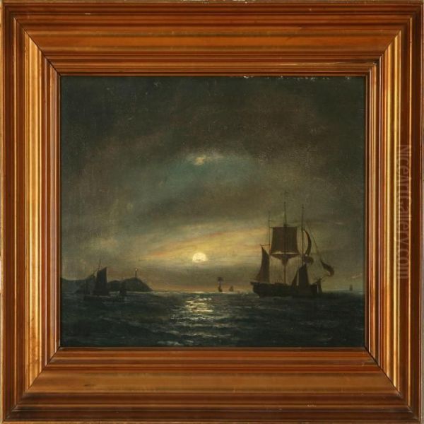 Seascape In Moonlight Oil Painting by Carl Ludwig Bille