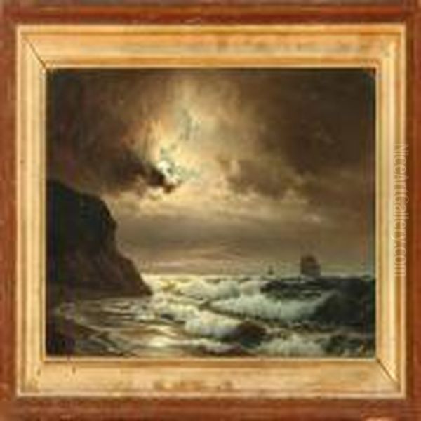 Coastal Scene Inmoonlight Oil Painting by Carl Ludwig Bille