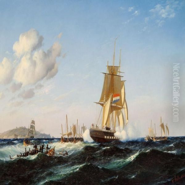 Seascape With A Dutch Brig Being Attacked Oil Painting by Carl Ludwig Bille