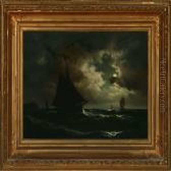 Maritime Scenery With Wessels In Moonlight Oil Painting by Carl Ludwig Bille