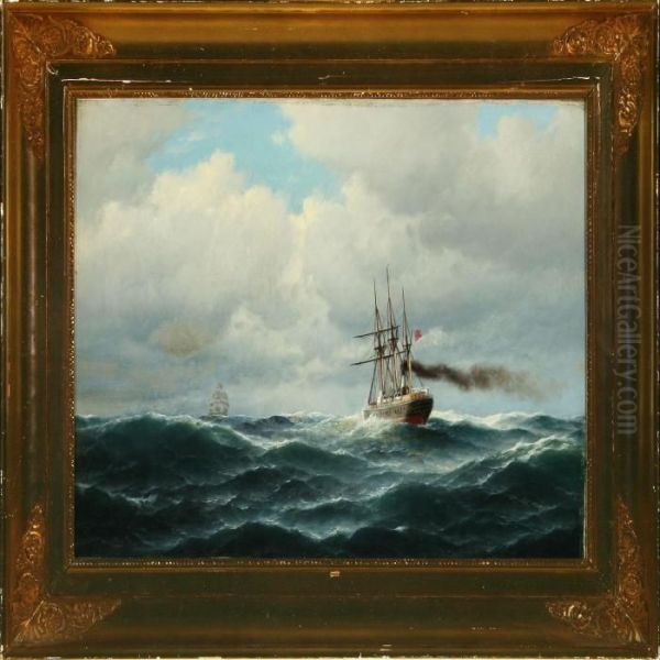 Seascape With Steamer And Sailing Ship Oil Painting by Carl Ludwig Bille