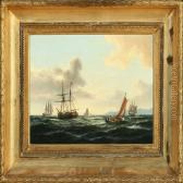 Coastal Scenery With Several Ships At Sea Oil Painting by Carl Ludwig Bille