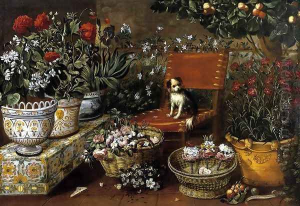 Garden View with a Dog 1660s Oil Painting by Tomas Hiepes