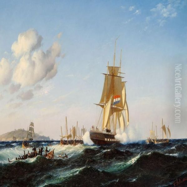 Seascape With A Dutch Brig Being Welcomed By The Locals Oil Painting by Carl Ludwig Bille