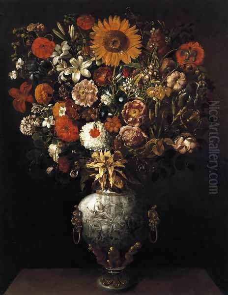 Vase of Flowers 1643 Oil Painting by Tomas Hiepes