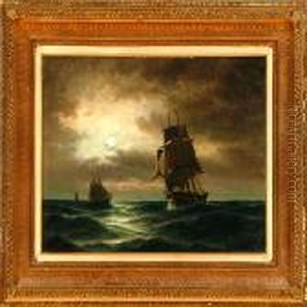 A Frigate In The North Seaby Moonlight Oil Painting by Carl Ludwig Bille