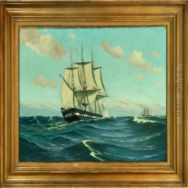 Marine With A Danish Barque On Open Sea Oil Painting by Carl Ludwig Bille