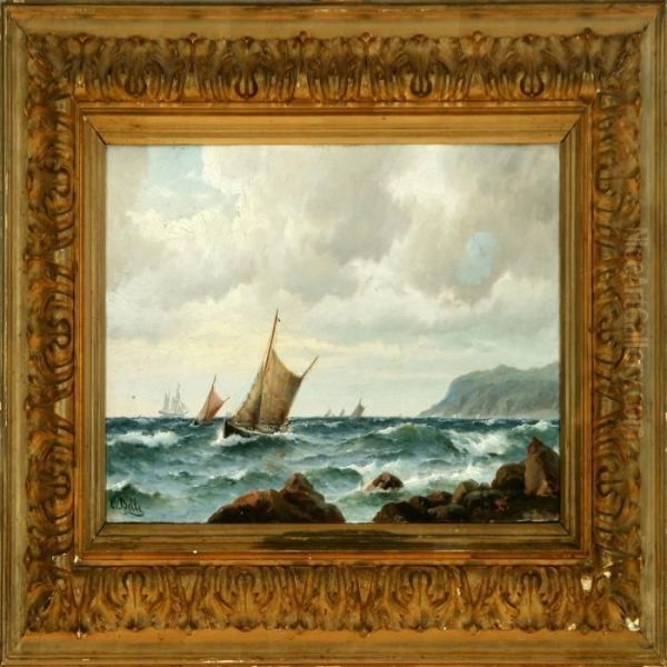 Marine With Sailing Ships In Heavy Sea Along A Rocky Coast Oil Painting by Carl Ludwig Bille