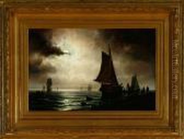 Sailing Ships Are Loaded From The Beach In Moonlight Oil Painting by Carl Ludwig Bille