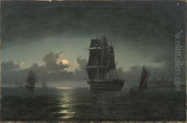 Marine, Ships In Moonlight Oil Painting by Carl Ludwig Bille