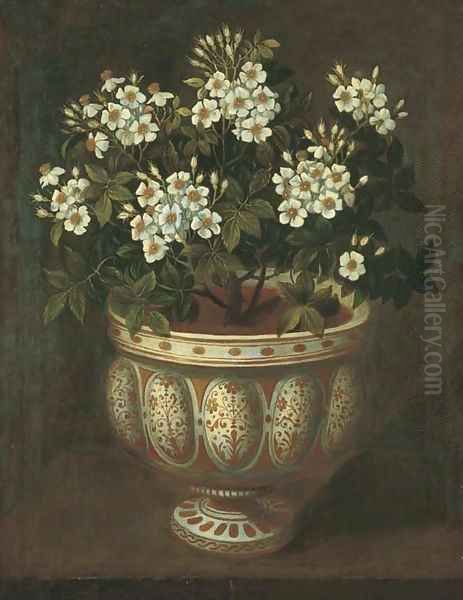 White roses in a lobed-footed copper-lustre maiolica Manises vase on a ledge Oil Painting by Tomas Hiepes