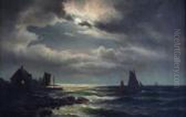 Boats In Moonlight Oil Painting by Carl Ludwig Bille