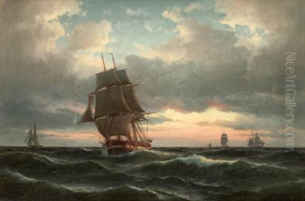 Skepp I Gryningen Oil Painting by Carl Ludwig Bille