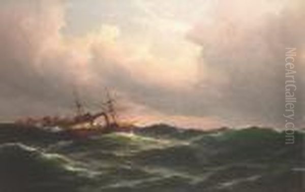 A Transatlantic Paddle Steamer In A Heavy Swell Oil Painting by Carl Ludwig Bille