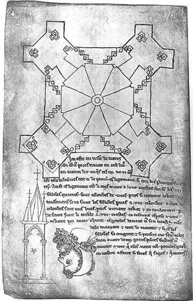 Facsimile copy of a plan of the tower of Laon Cathedral, the head of a bearded man and a Gothic window Oil Painting by Villard De Honnecourt