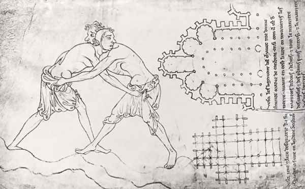 Two wrestlers, plan of a Cistercian church and plan of the choir of Notre-Dame de Cambrai Oil Painting by Villard De Honnecourt