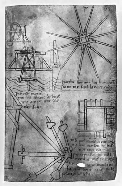 Various engines and instruments: under water sawing machine for piles, wheel embrasure, straightening up strut for leaning house, short wooden pieces assembling model Oil Painting by Villard De Honnecourt