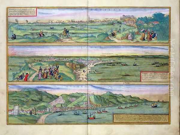 Map of Seville Cadiz and Malaga from Civitates Orbis Terrarum Oil Painting by Joris Hoefnagel