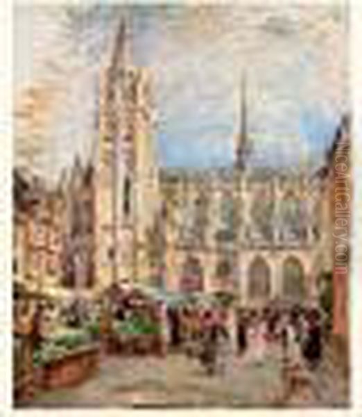 Caudebec, La Place Du Marche Oil Painting by Georges Binet