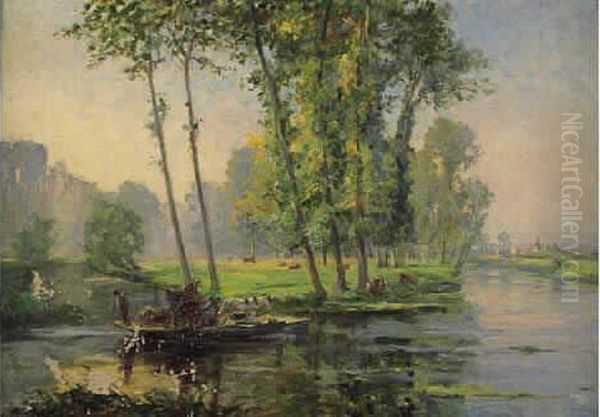 Bord De Riviere Animee Oil Painting by Georges Binet