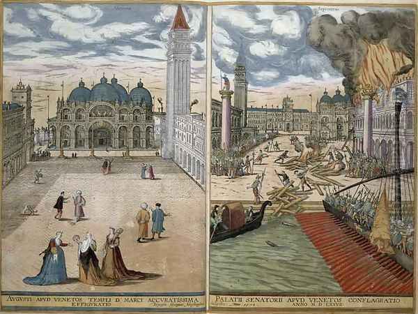 View of San Marco and the Palazzo Ducale on fire from Civitates Orbis Terrarum Oil Painting by Joris Hoefnagel