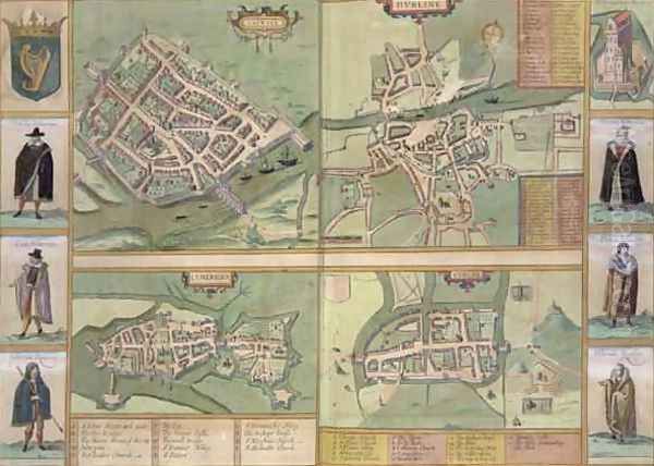 Maps of Galway Dublin Limerick and Cork from Civitates Orbis Terrarum Oil Painting by Joris Hoefnagel