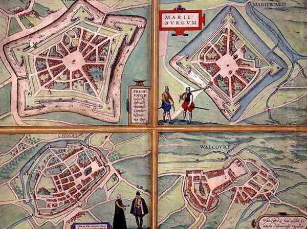 Maps of Philippeville Mariembourg Chimay and Walcourt from Civitates Orbis Terrarum Oil Painting by Joris Hoefnagel