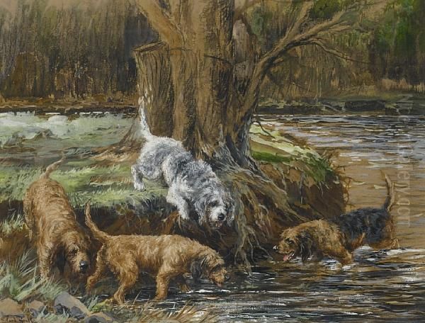 Group Of Four Otterhounds At The Water's Edge Oil Painting by Binks, R. Ward