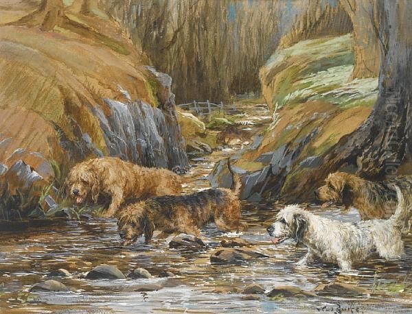 Four Otterhounds Wading In A Stream Oil Painting by Binks, R. Ward