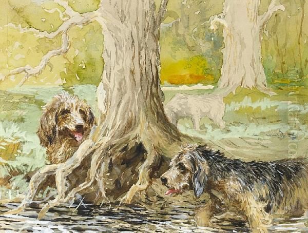 Two Otterhounds Working At The Base Of A Tree Oil Painting by Binks, R. Ward