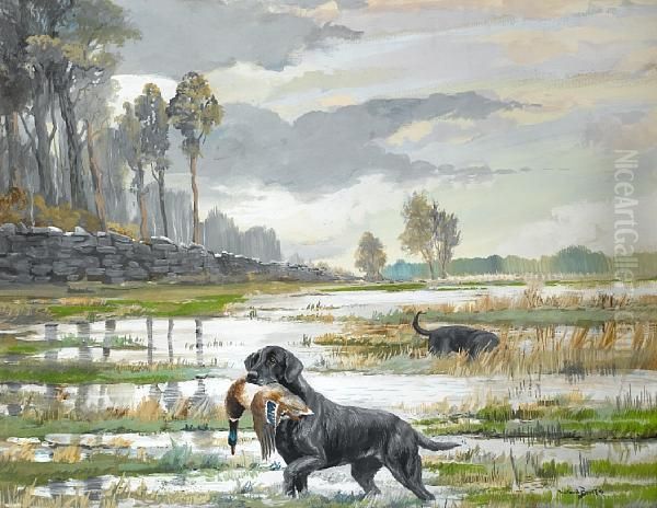 Black Retriever With Duck Oil Painting by Binks, R. Ward